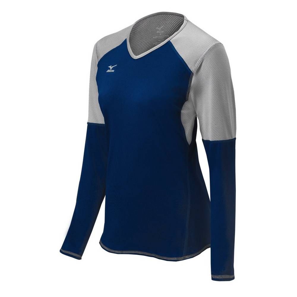 Camisas Mizuno Voleibol Techno VI Long Sleeve - Mulher - Azul Marinho/Prateadas - ONVWR1694